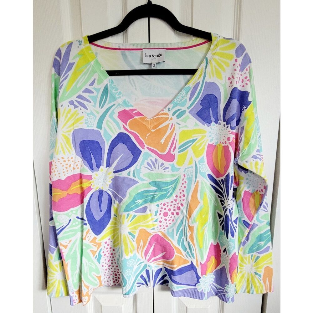 Leo & Ugo Paris 3 Sweater Womens Multi Color Floral US 48 V-Neck XL Nylon‎